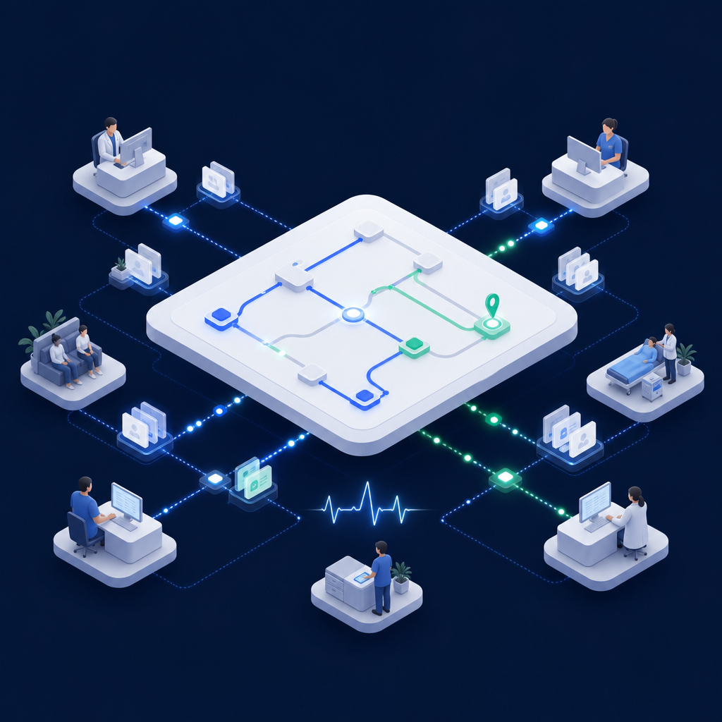 ClinicRelay routing board over a clinic operations network